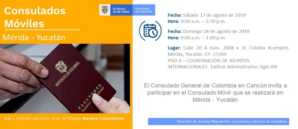 El Consulado de Colombia en Cancún realizará la jornada móvil el 17 y 18 de agosto de 2018
