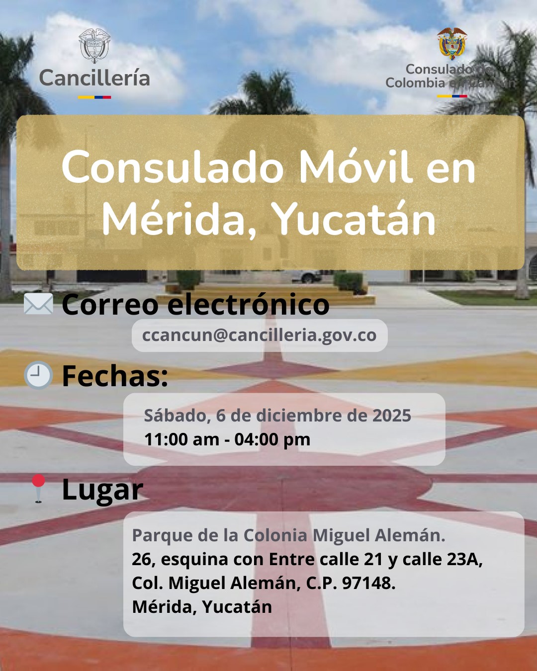 El consulado de Colombia en Cancún realizará un Consulado Móvil en Mérida - Yucatán el 6 de diciembre de 2025