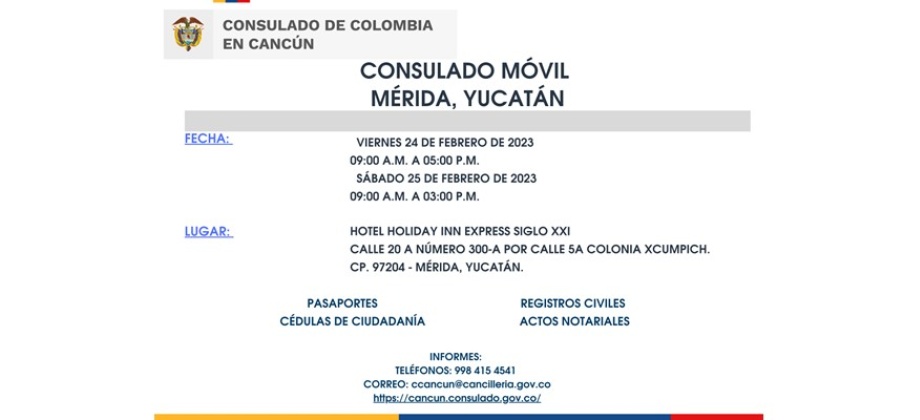 Consulado Móvil se realizará en Mérida, Yucatán este 24 y 25 de febrero de 2023 