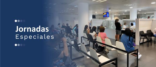 Banner general de jornadas especiales en el que se ven personas realizando trámites en un consulado